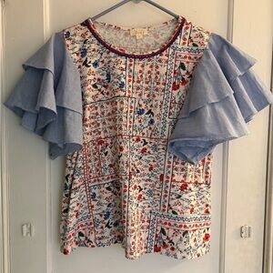 Anthropologie Let Me Be Floral Chambray Ruffle Flutter Sleeve Top Size Medium